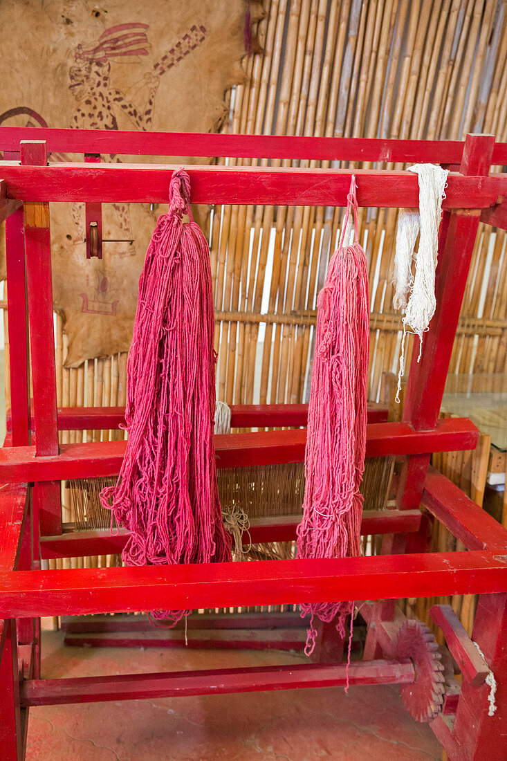 Coloured yarn at cochineal farm,Mexico