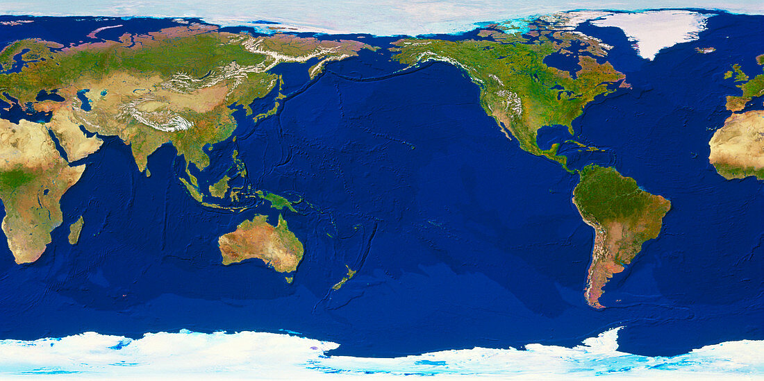 Whole earth with ocean bathymetry,Pacific centred