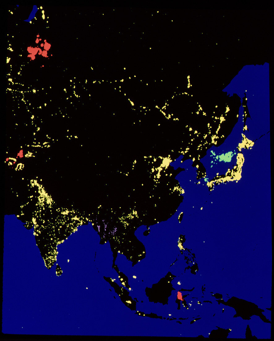 Colour-coded satellite image of Asia by night