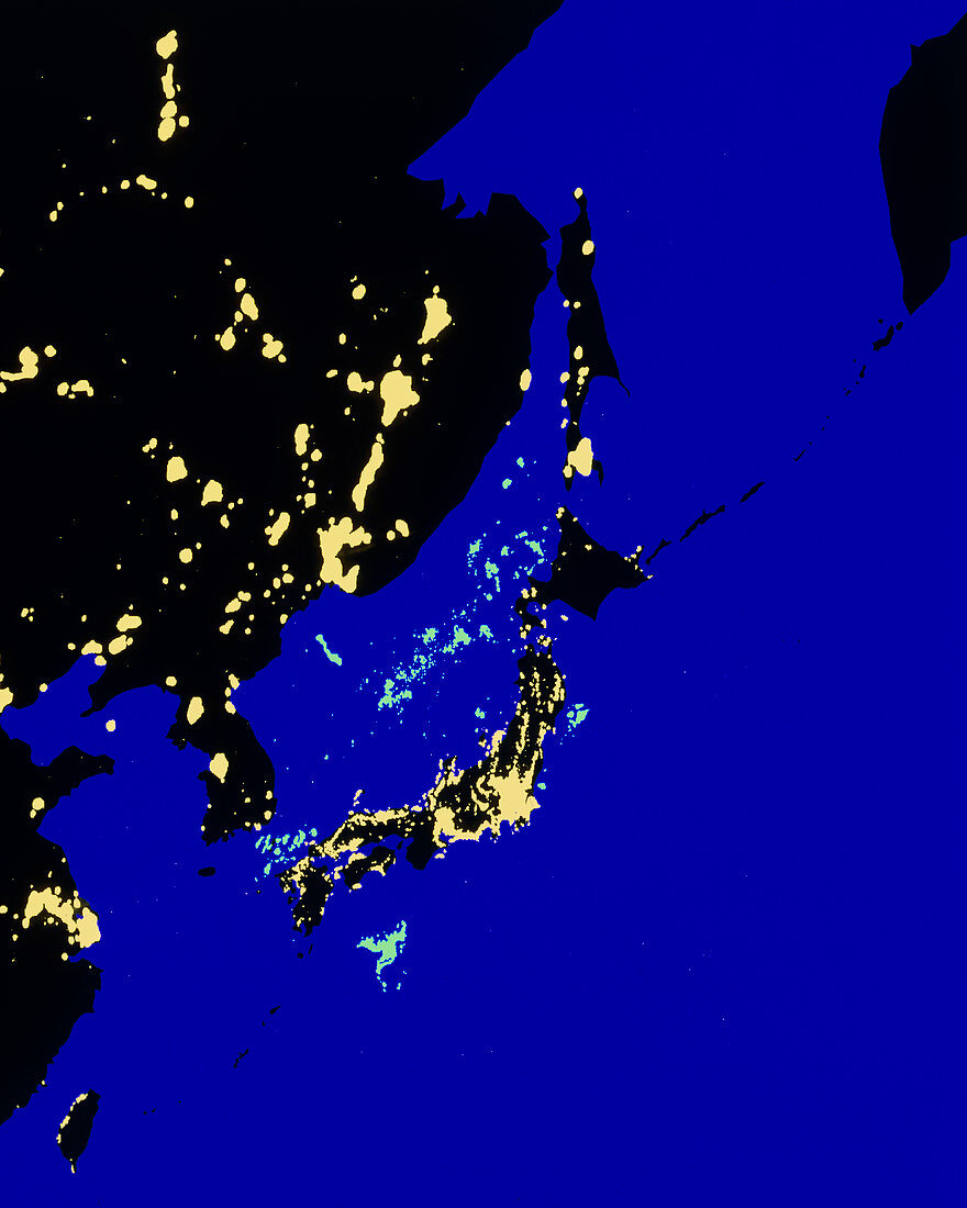 Colour-coded satellite image of Japan by night