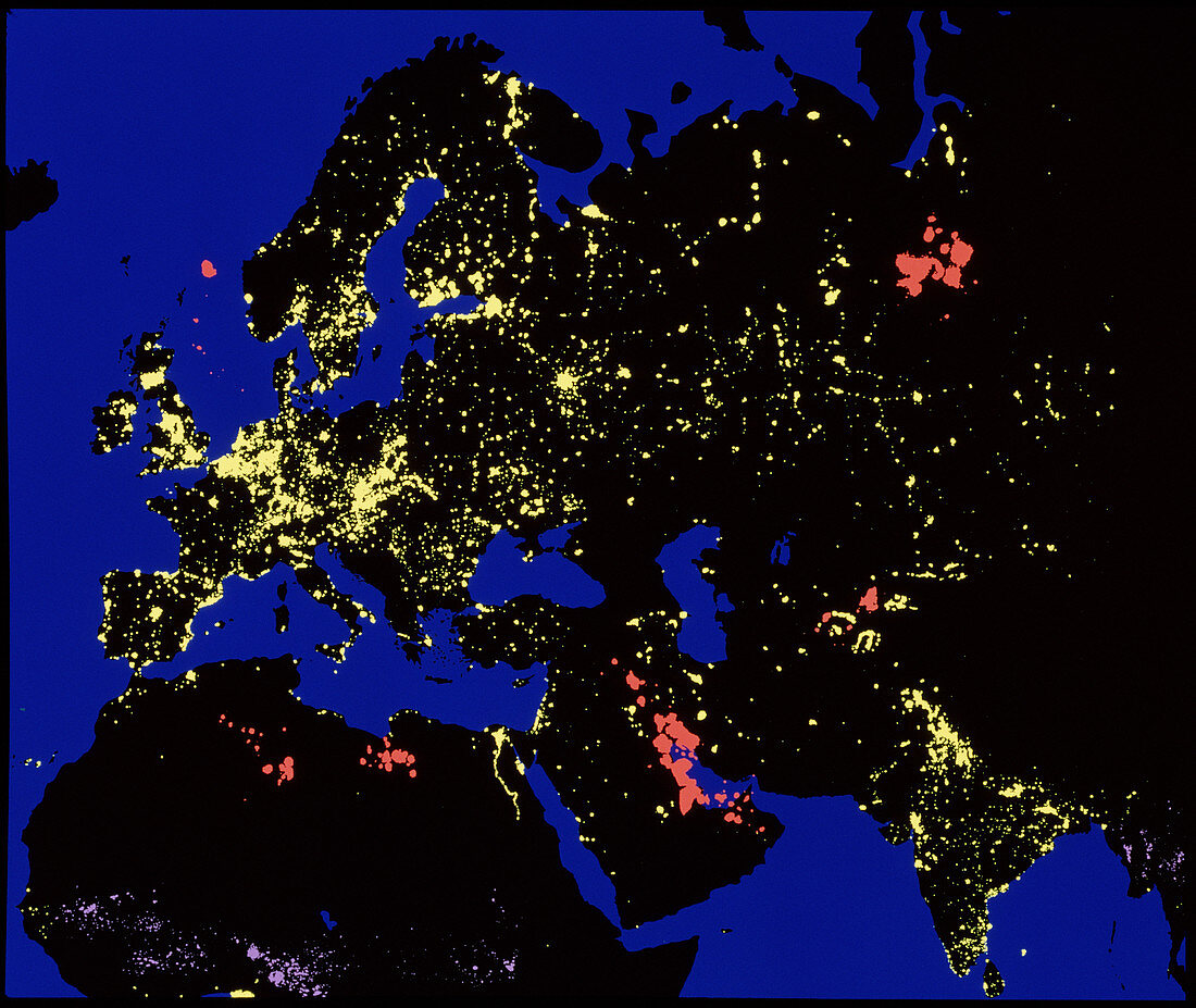 Coloured satellite image of Eurasia at night