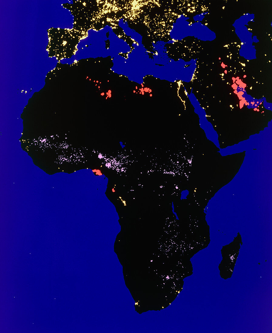Coloured satellite image of Africa at night