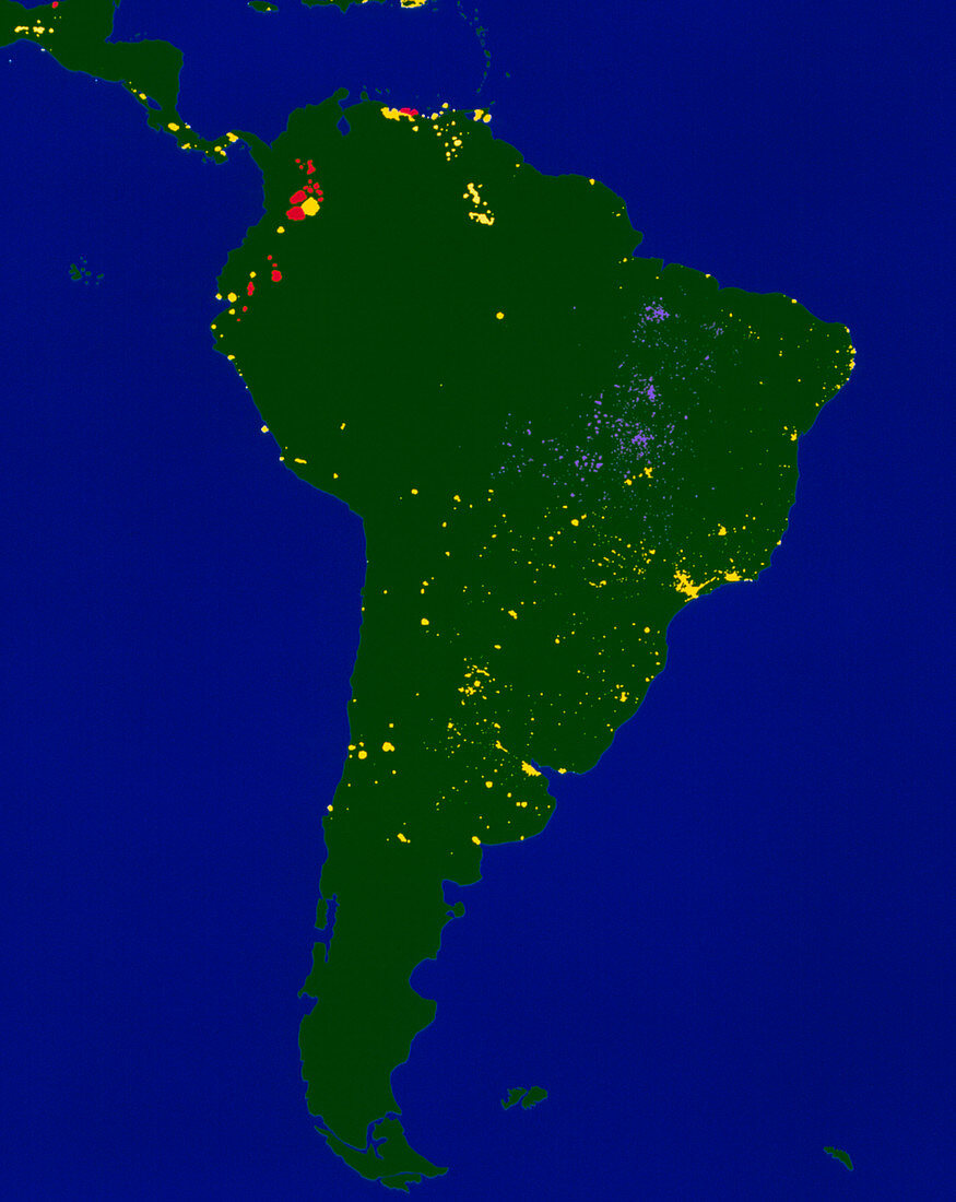 Coloured satellite image of South America at night