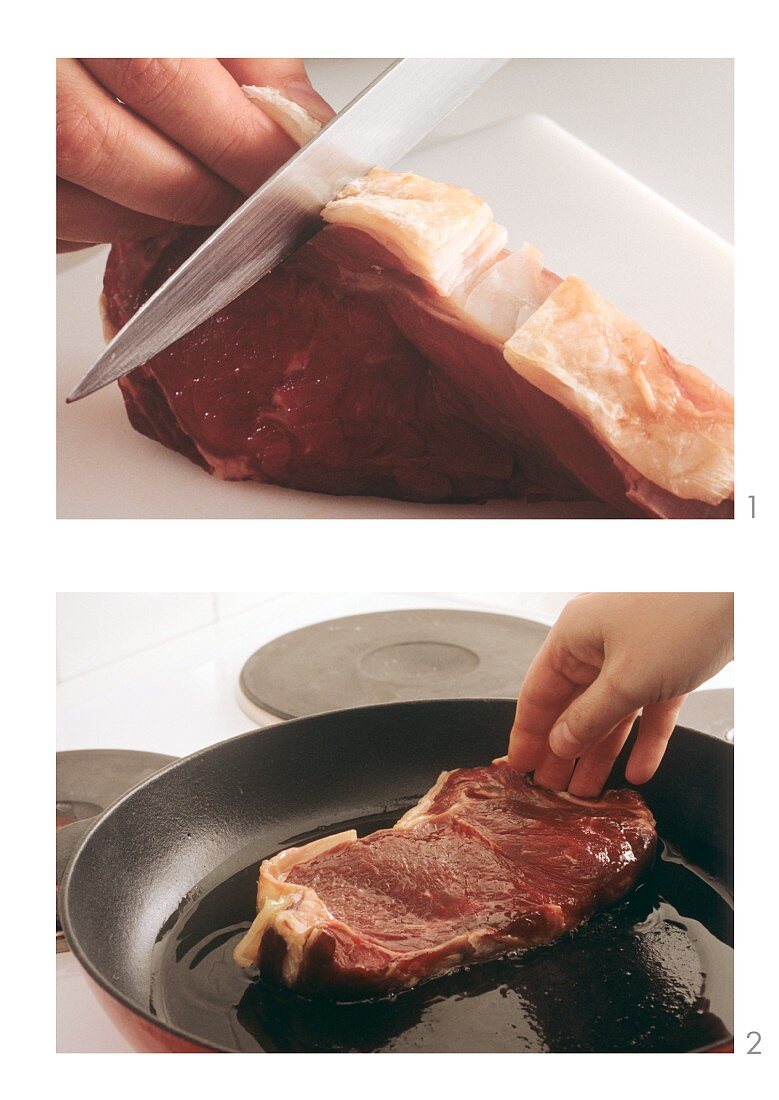 Snipping edges and frying loin steak