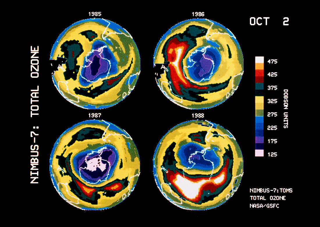 Satellite maps showing variation in the ozone hole