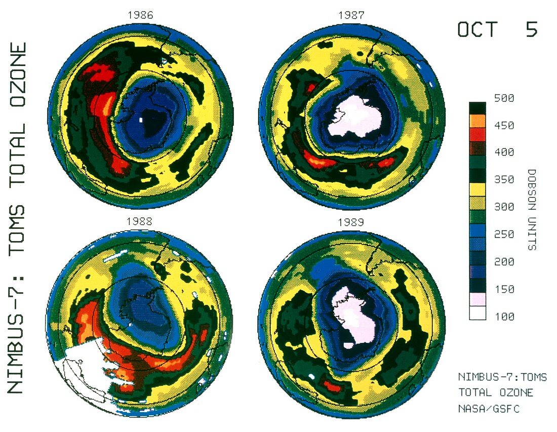 Antarctic ozone hole: TOMS comparison 1986-89