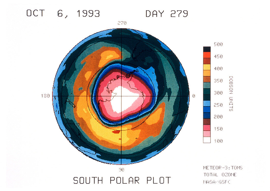 Total ozone map,south polar plot,6 October 1993