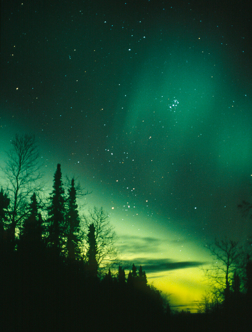 Aurora Borealis or northern lights,with pleiades