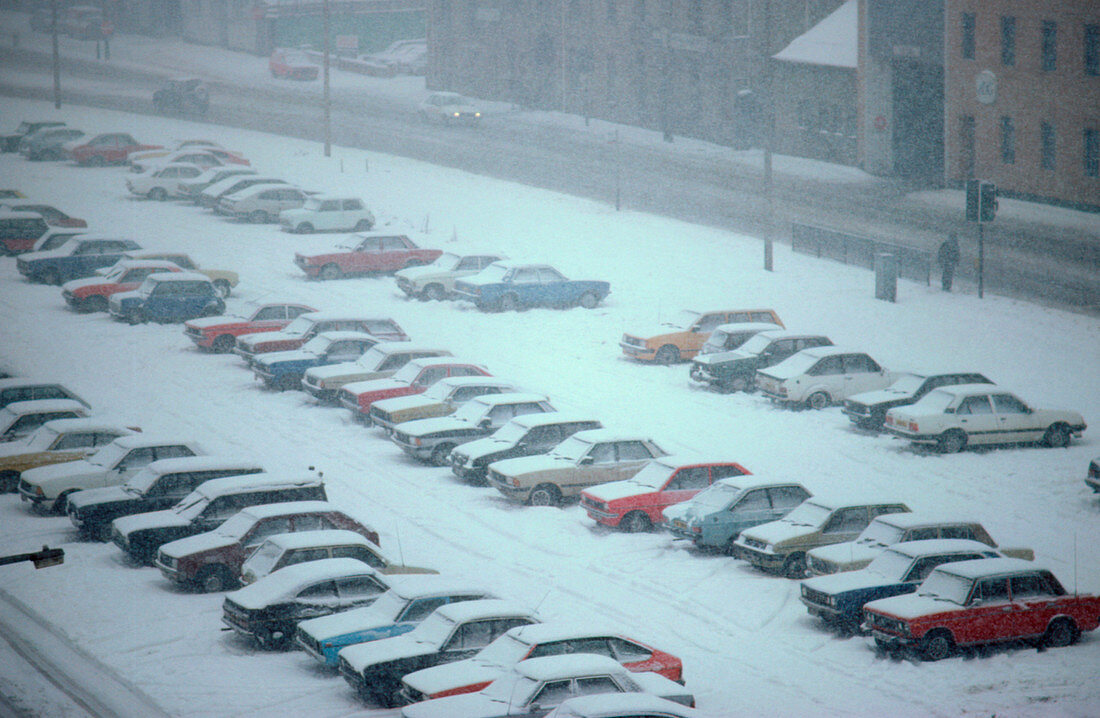 Snowstorm in a car park