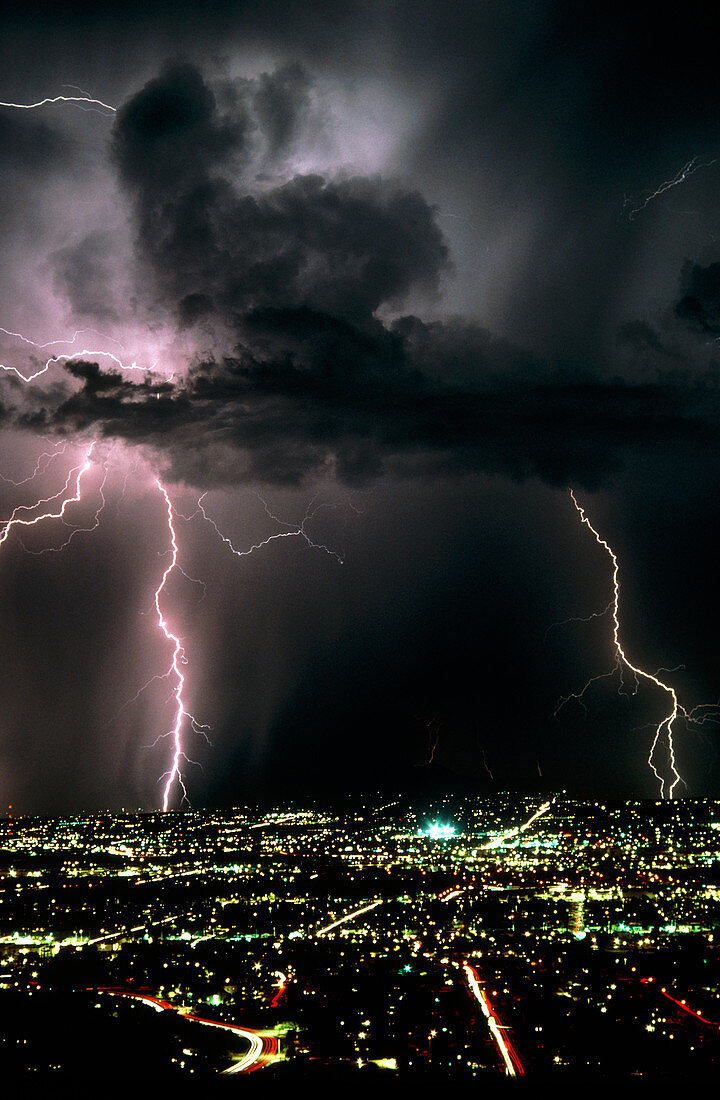 Lightning strikes at night in Tucson,Arizona,USA