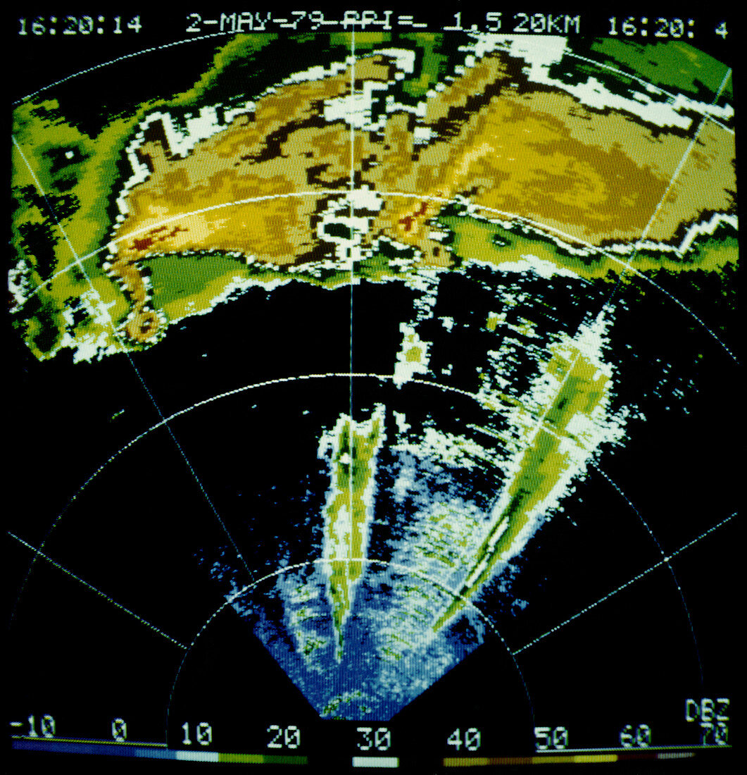 Radar display screen showing tornado developing