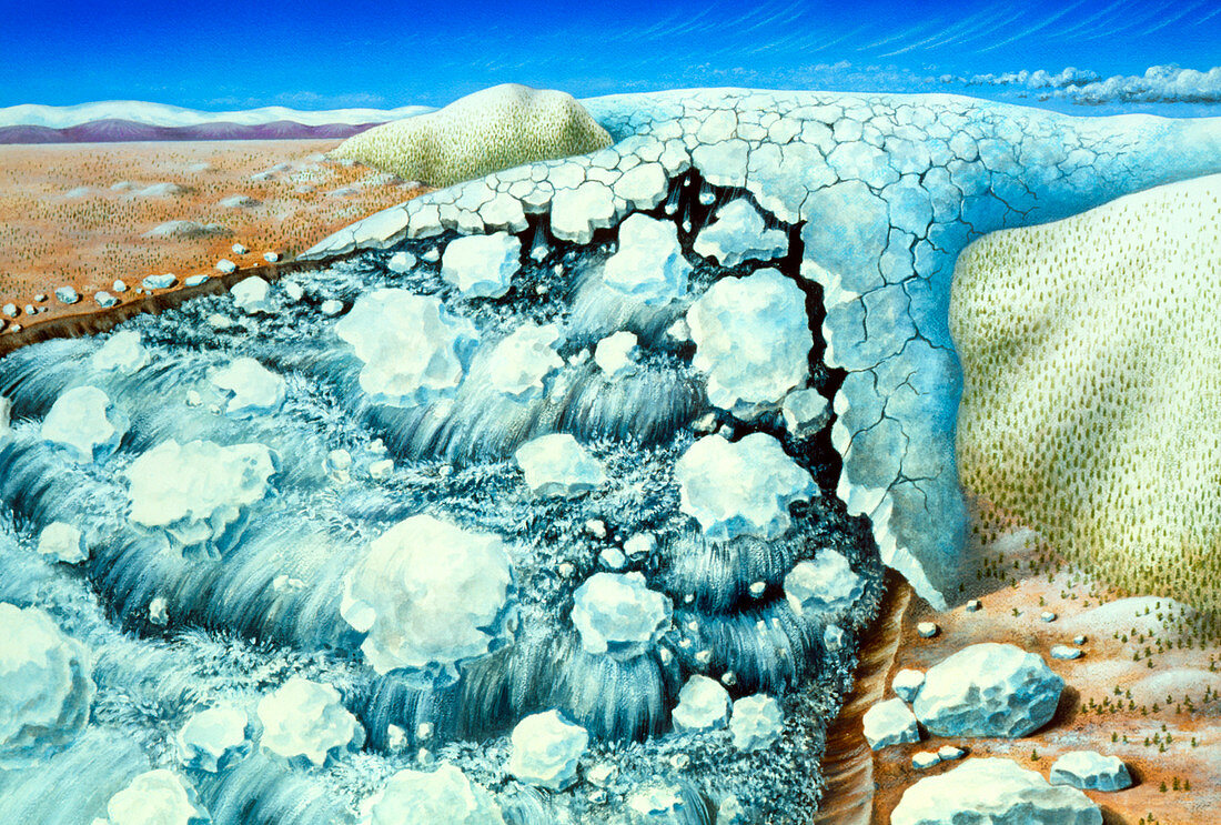 Artwork of a flood caused by glacial dam collapse