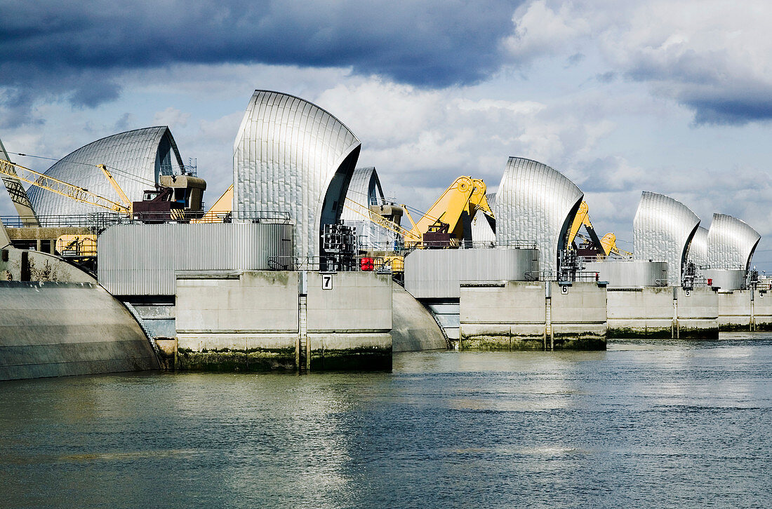 Thames flood barrier with gates closed