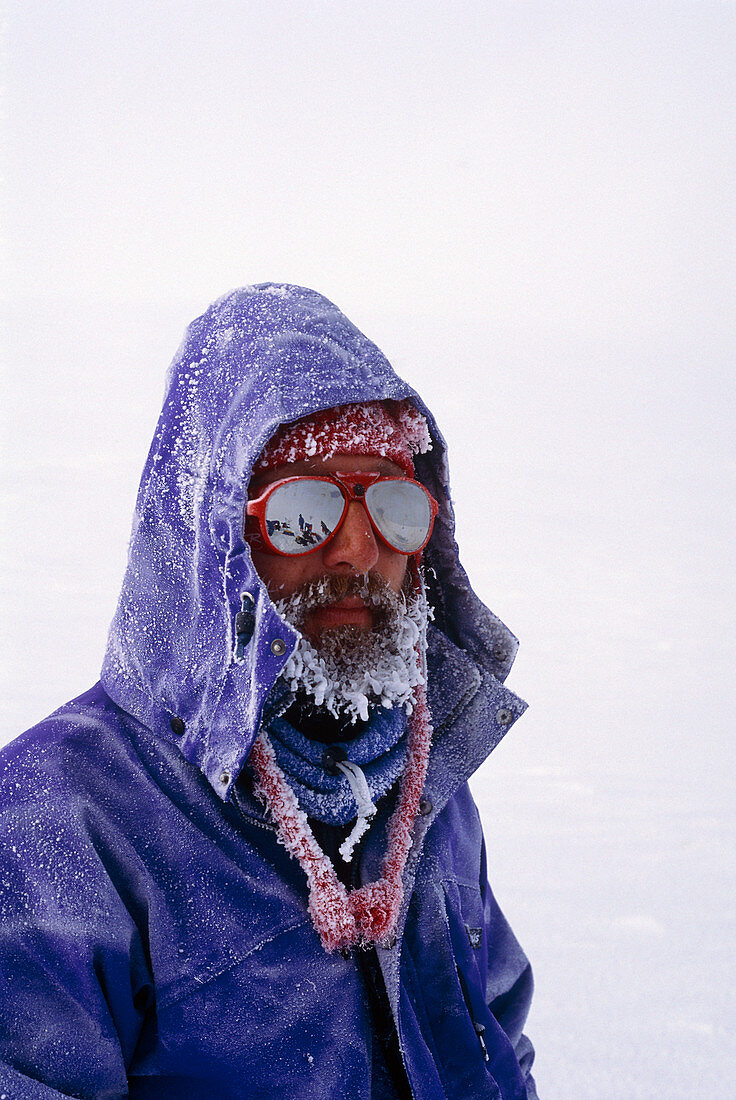 Explorer in Greenland with frosty face