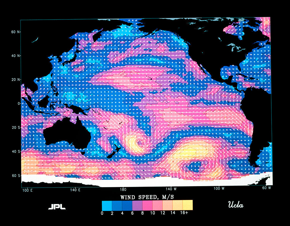 Seasat map of wind speed & direction over Pacific