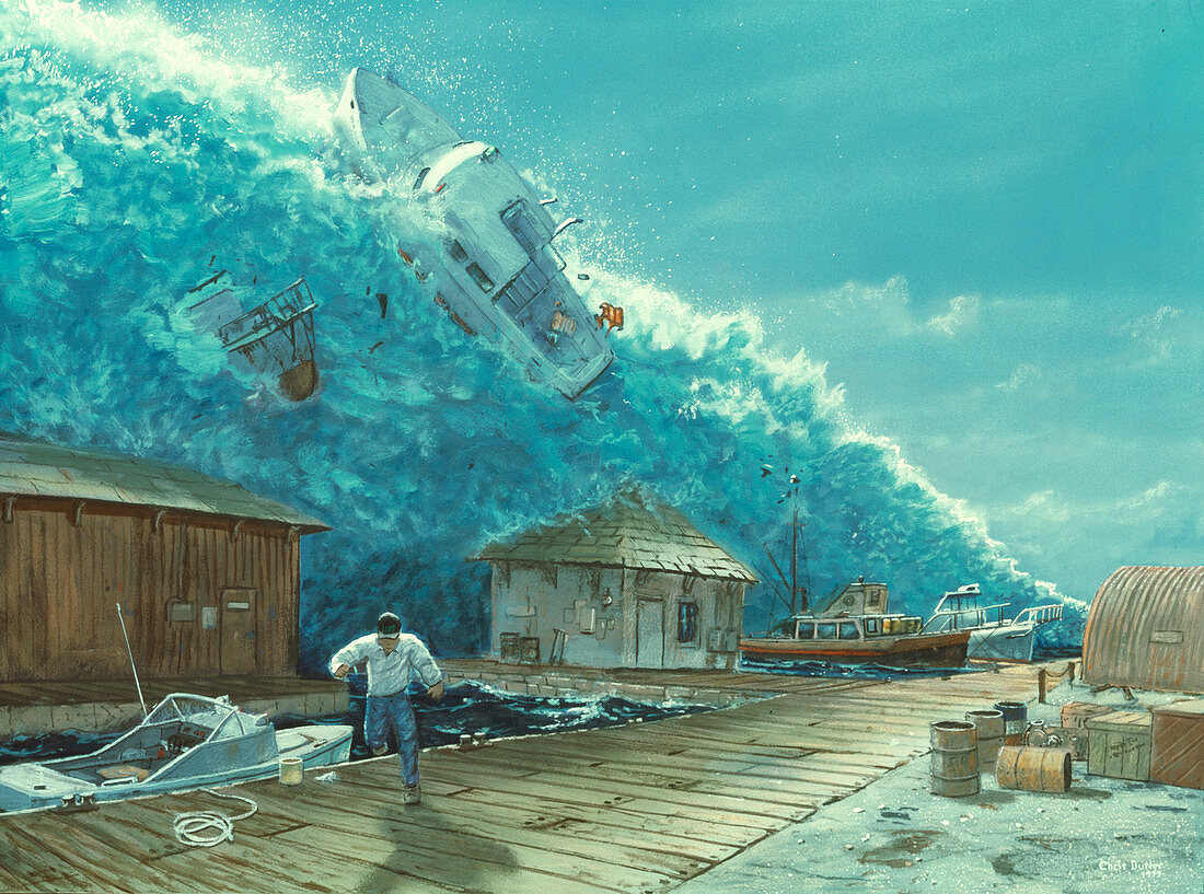 Artwork of a tsunami destroying a small harbour