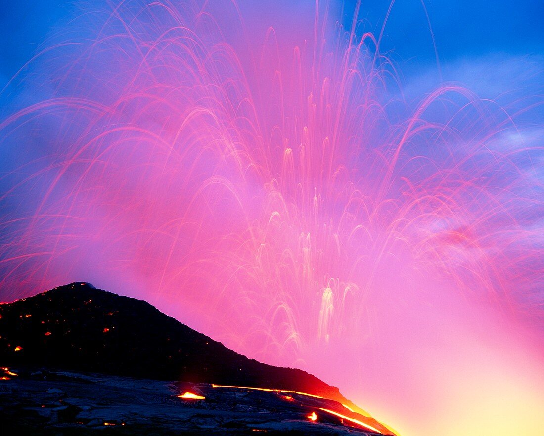 Explosion as a lava flow reaches the coast,Hawaii