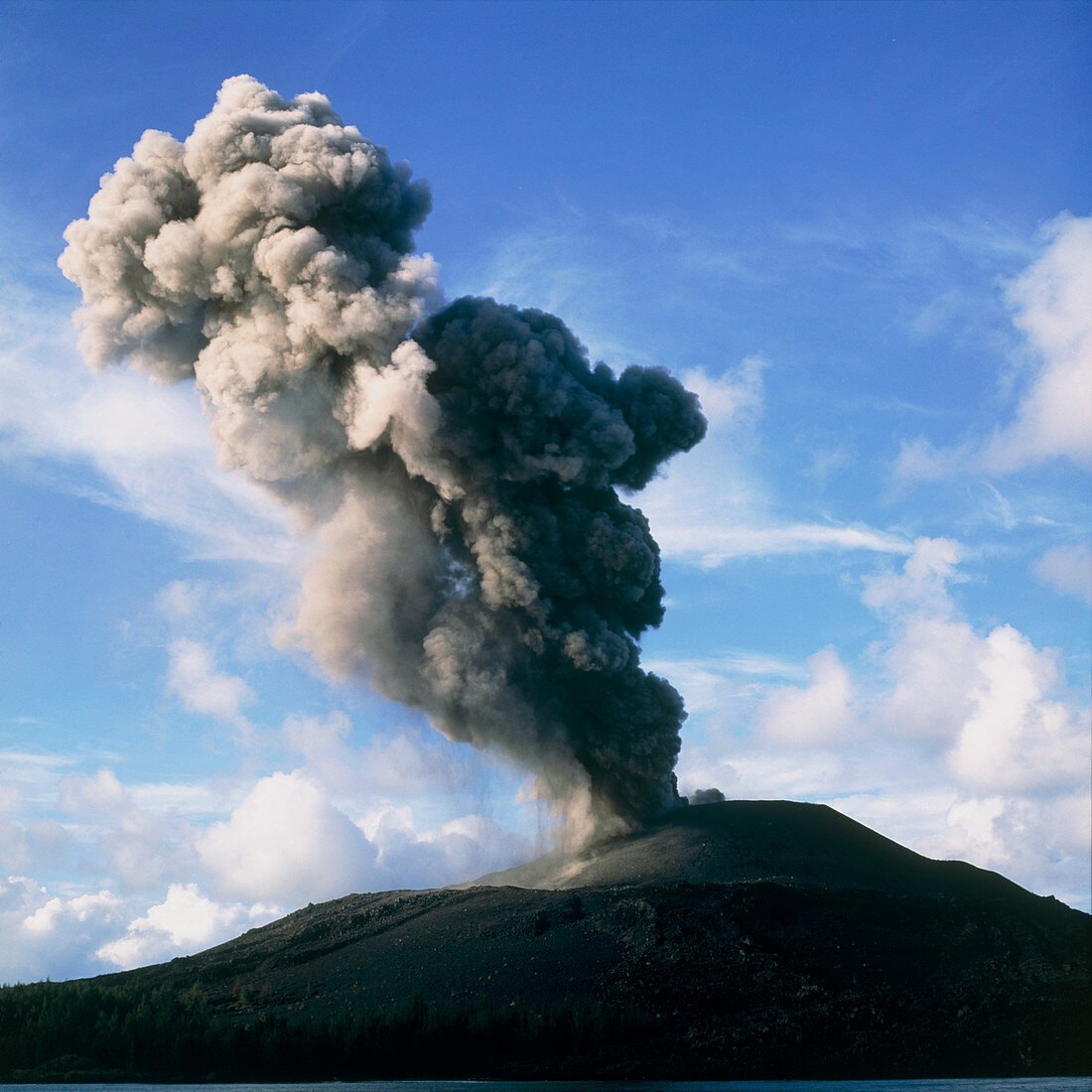 Column of ash rising from Anak Krakatau volcano