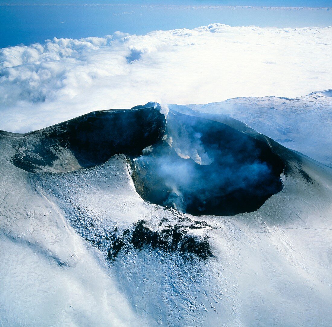 Aerial view of two of Mount Etna's four craters