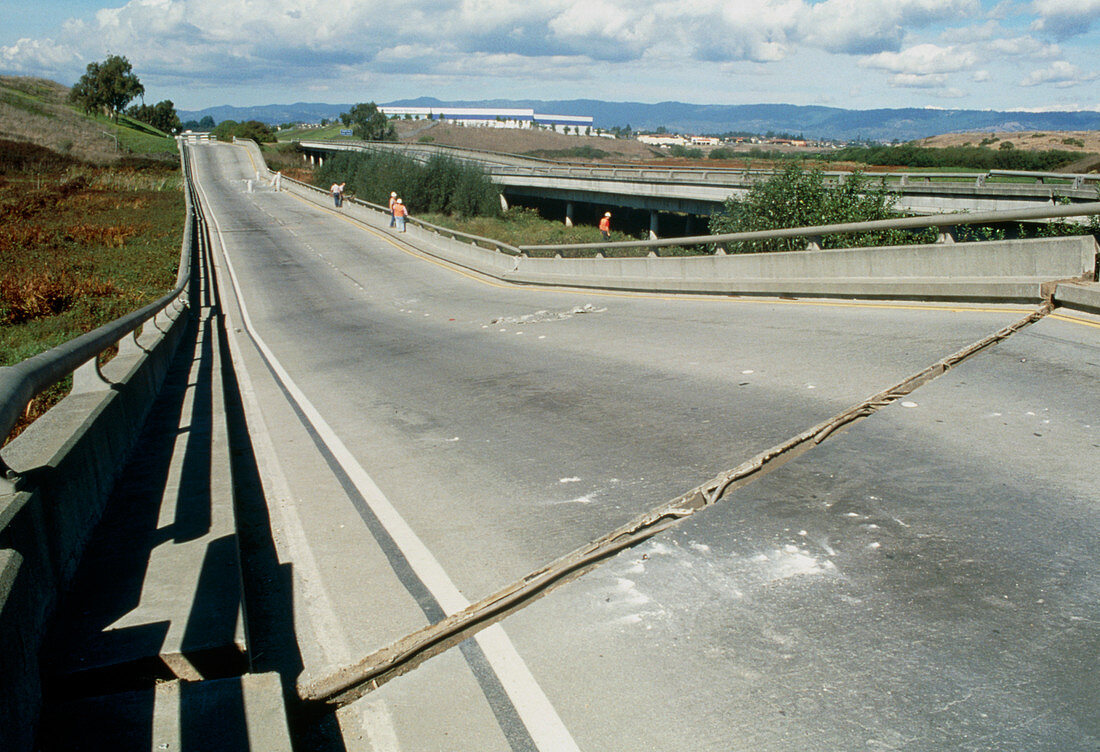 Collapsed road bridge after an earthquake
