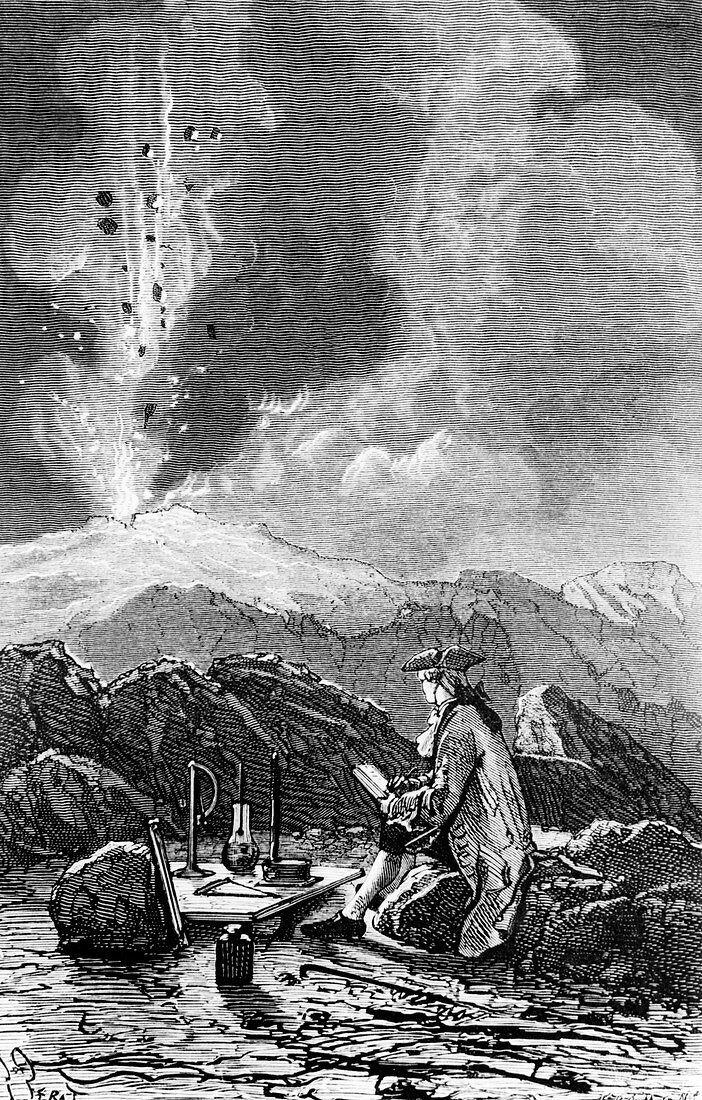 Engraving of Mt Etna being observed by Spallanzani