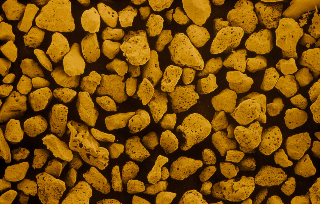 Coloured SEM of grains of beach sand