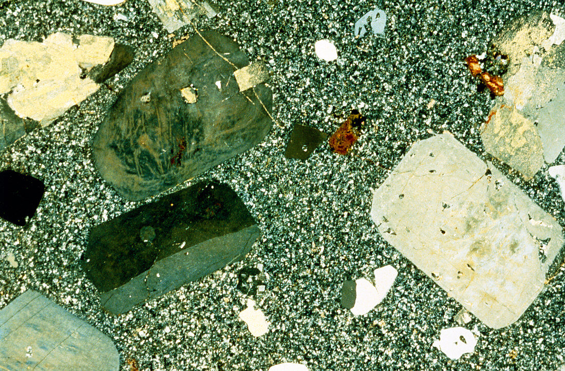 LM of thin section of porphyritic basalt rock