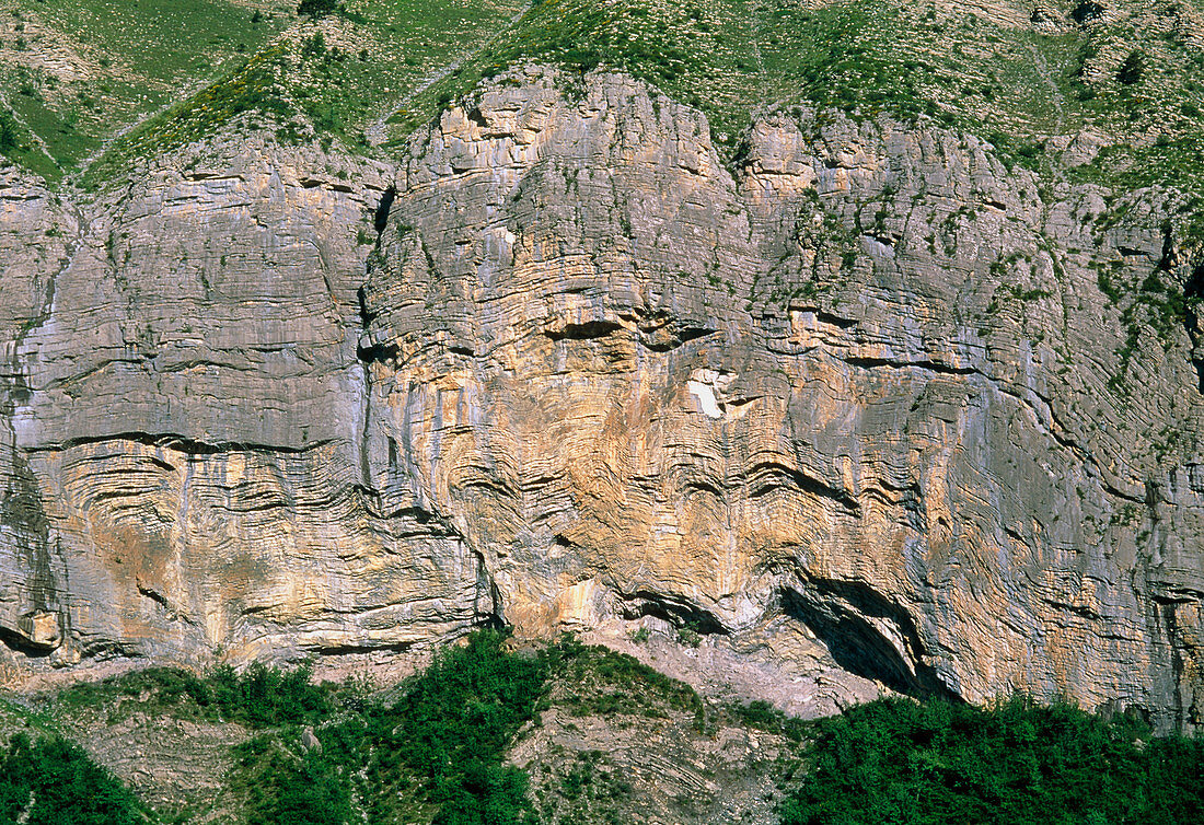 Folded rock strata in the French Alps