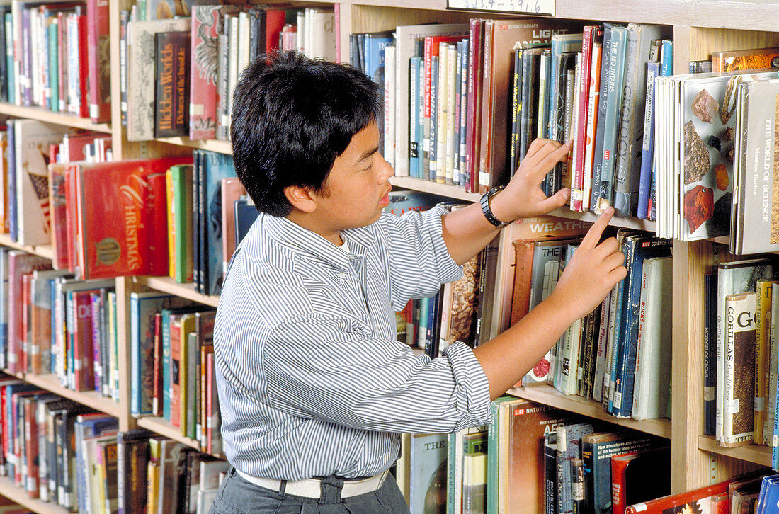 Schoolboy in a library