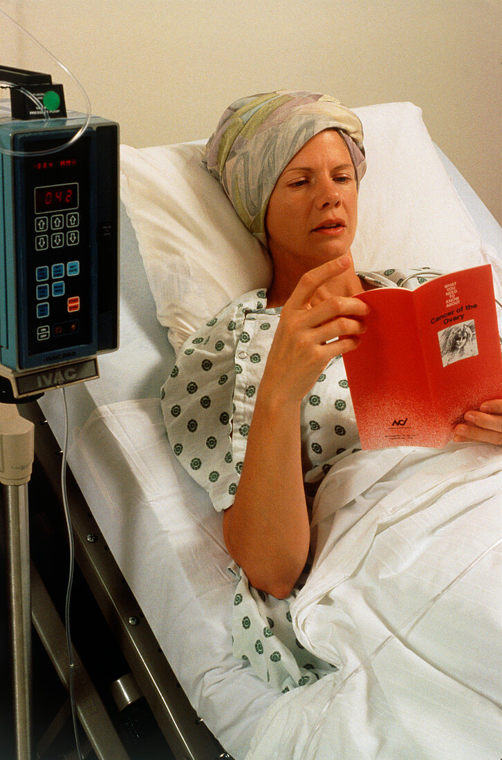 Woman receiving IV chemotherapy for ovarian cancer