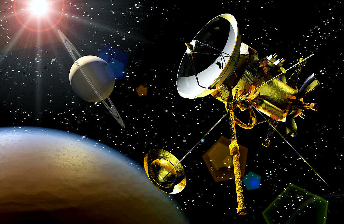Artwork of Huygens probe approaching Titan
