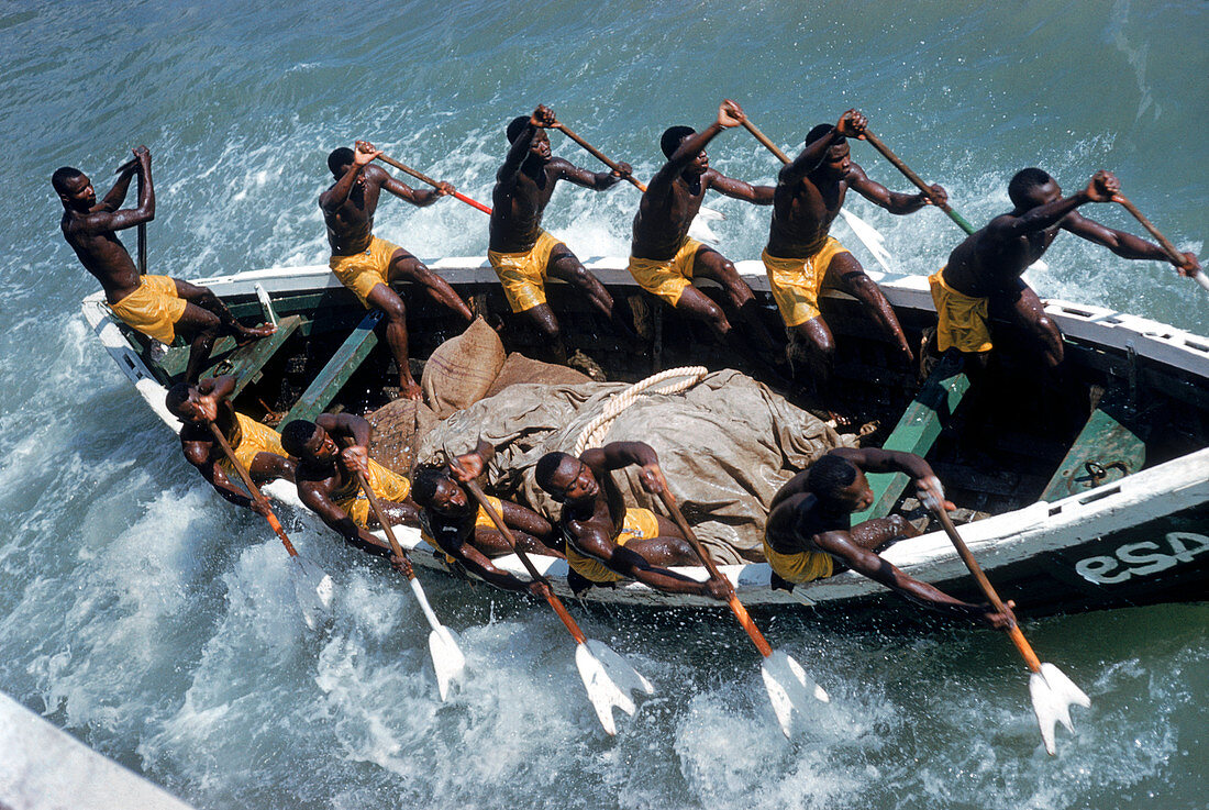 Fanti fishermen rowing a skiff,Ghana