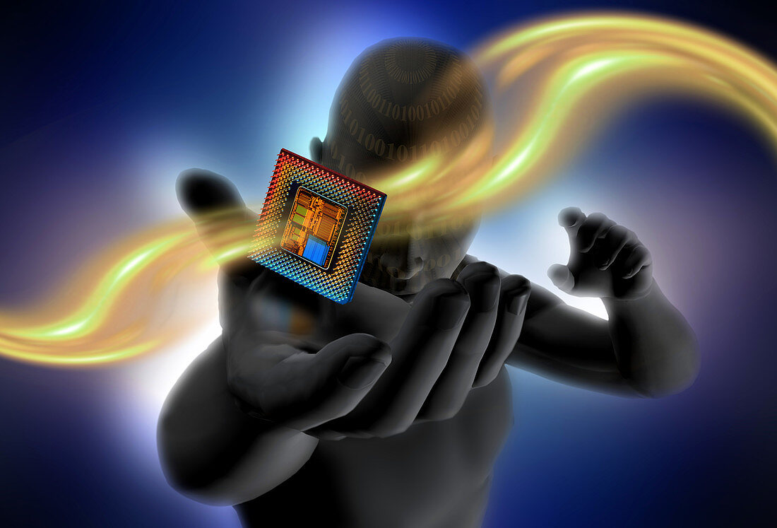 Digital Man Holding a Computer Chip