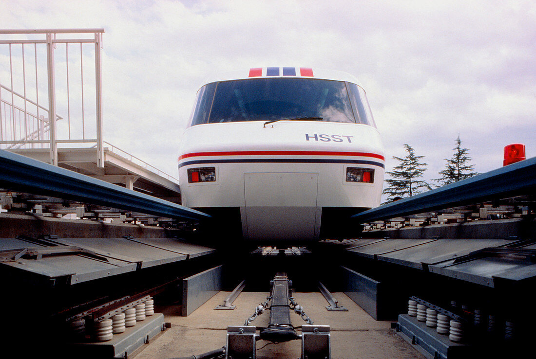 Front view of Japanese Maglev train and track