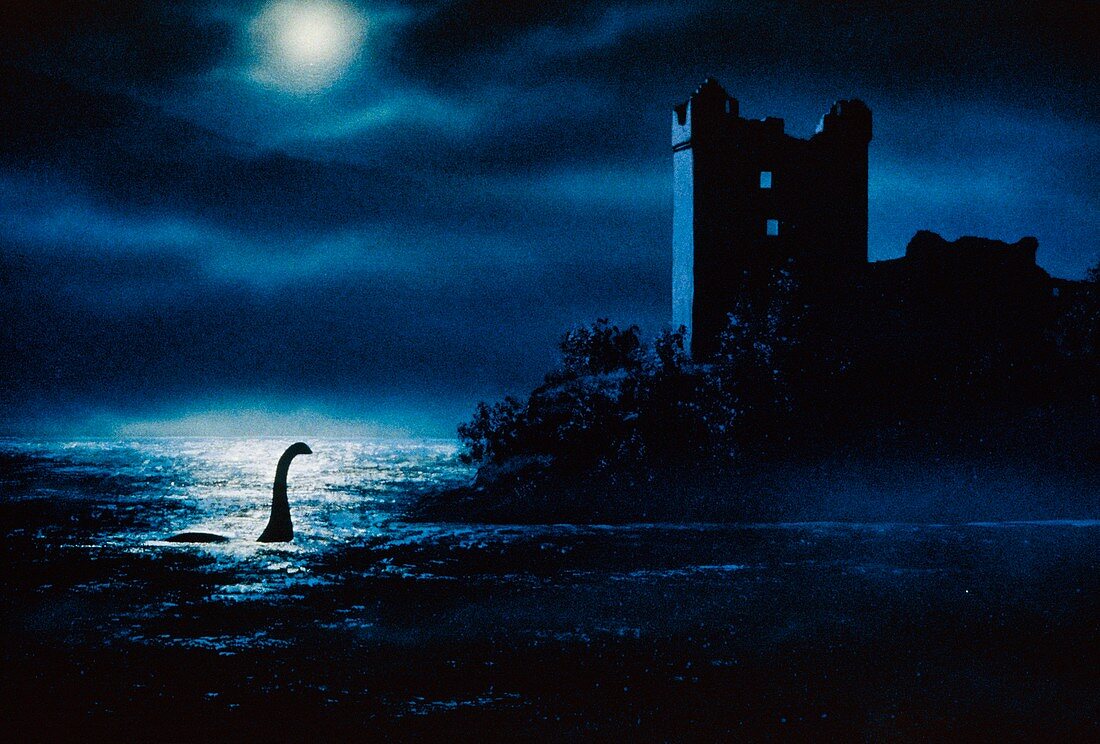 Artwork of Loch Ness Monster at night near castle