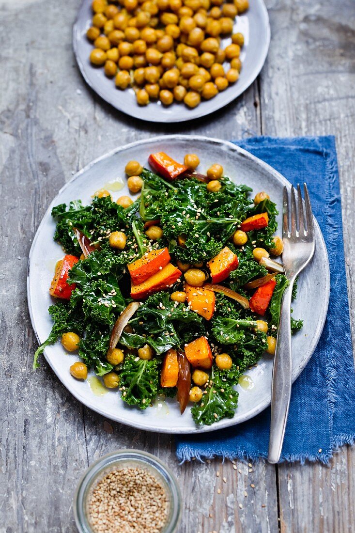 Kale salad with pumpkin, chickpeas, and dates