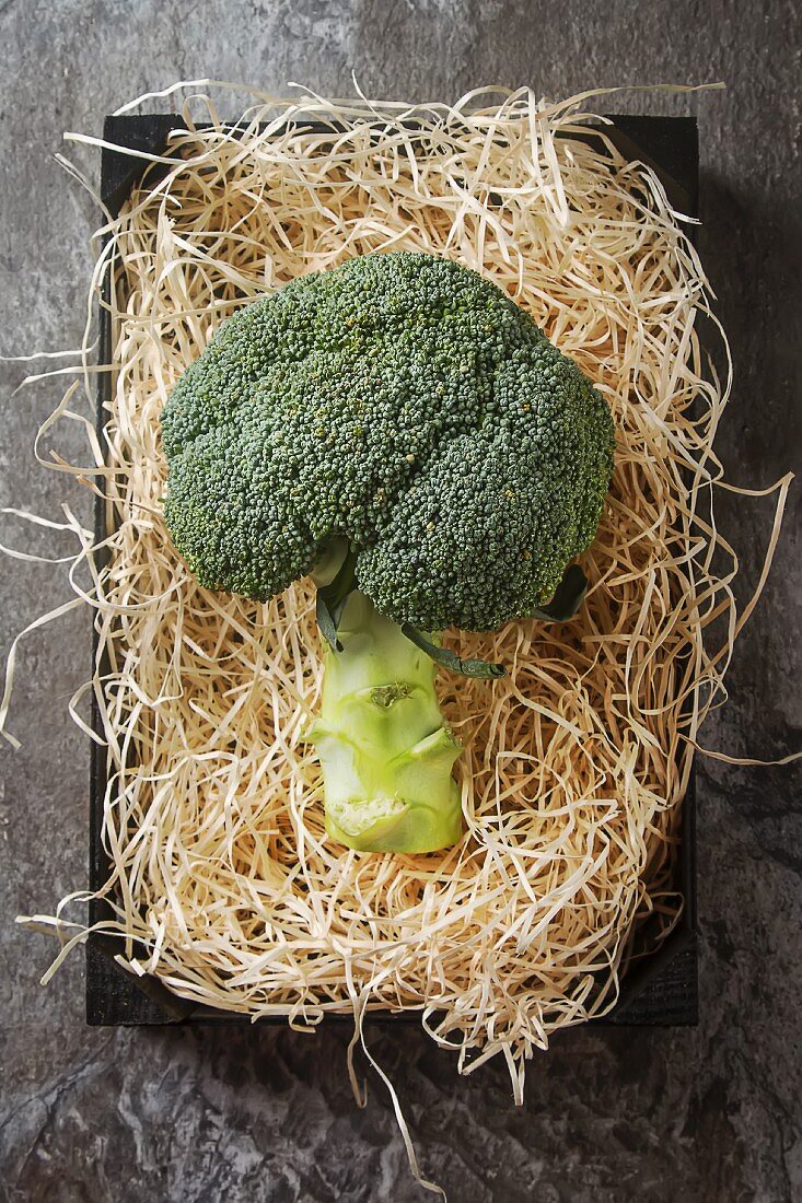 Broccoli on straw (seen from above)