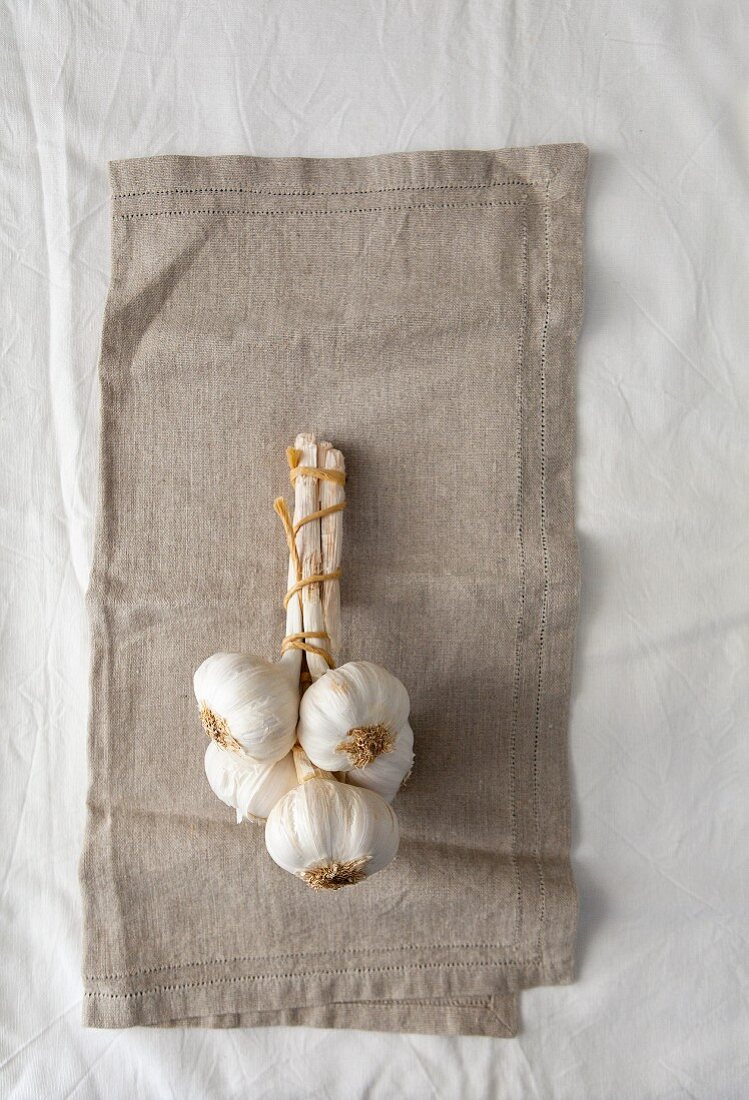 Garlic bulbs tied together on a linen cloth (seen from above)