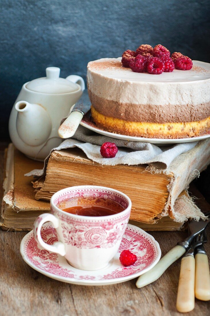 Vaniila cake with raspberry and chocolate mousses