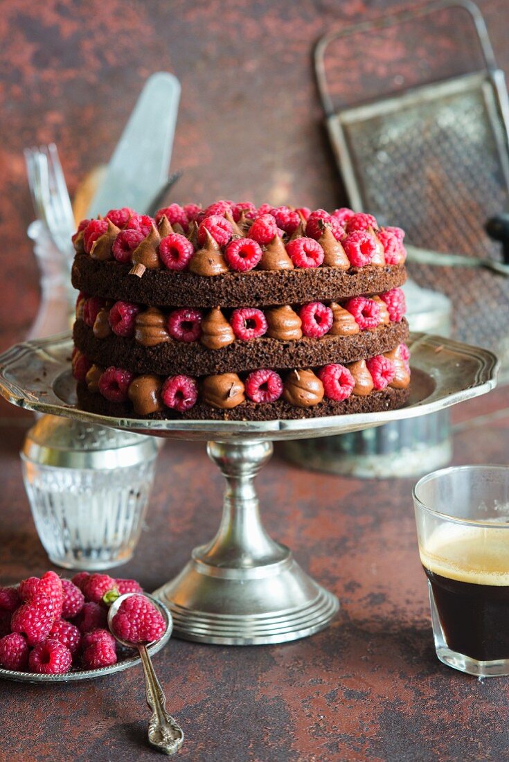 Rich moist chocolate cake with whipped chocolate ganache and raspberries, open layers