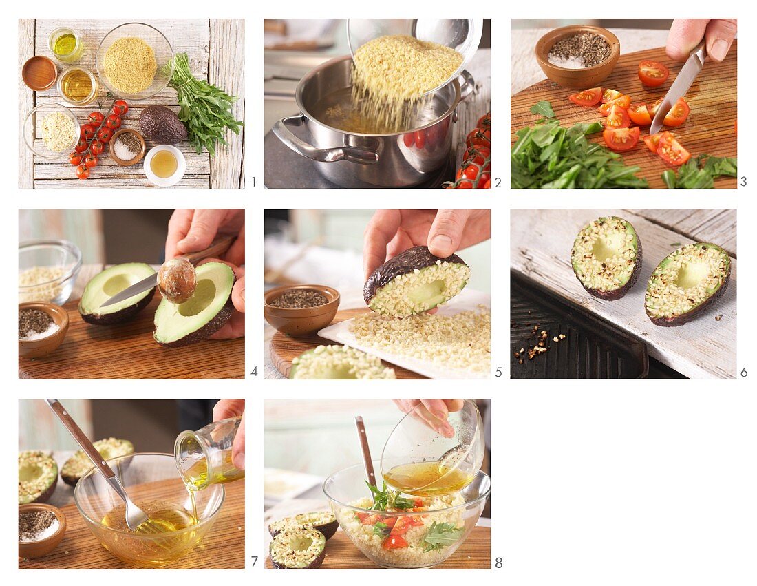 How to prepare avocado with an almond crust served with bulgar wheat and tomato salad