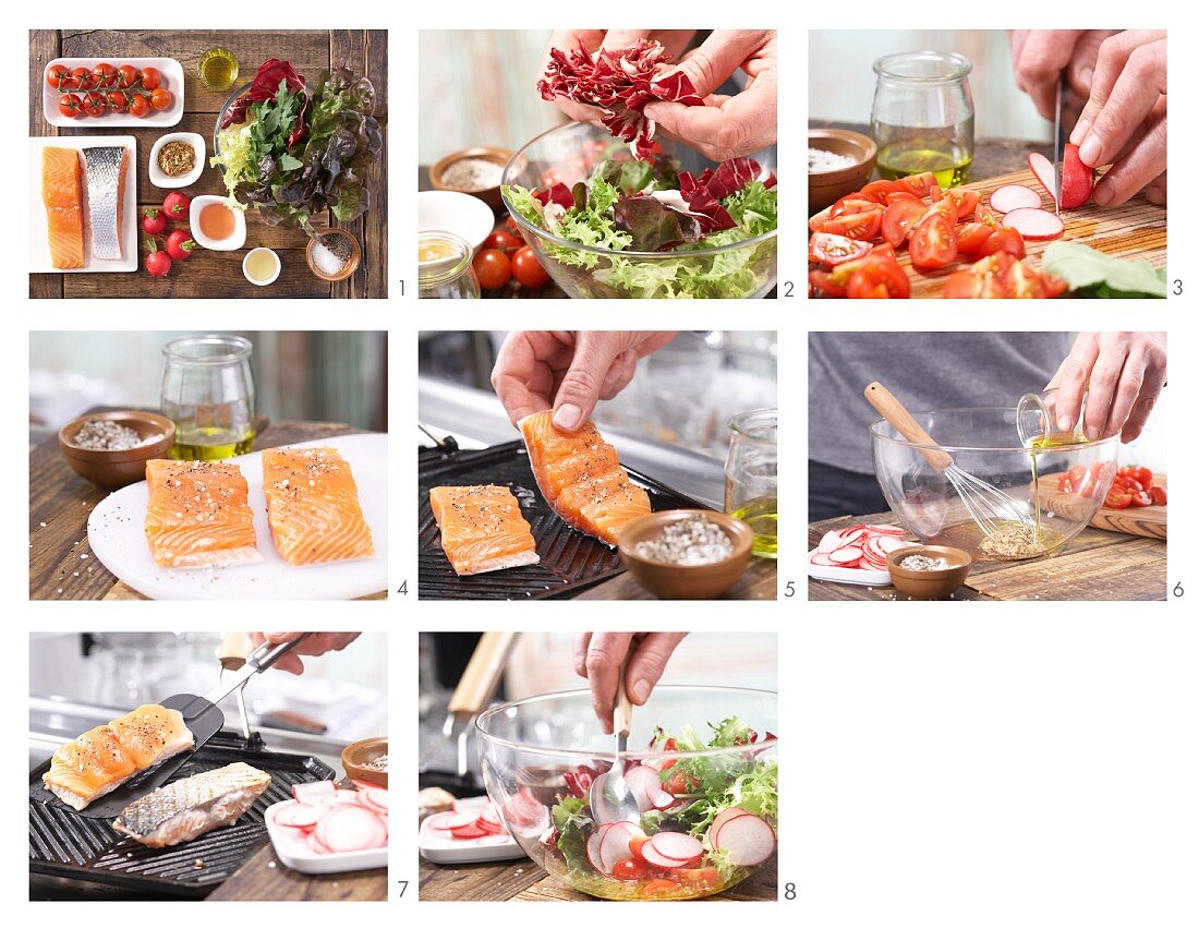 Gegrillten Lachs mit Salat und Senf-Honig-Dressing zubereiten