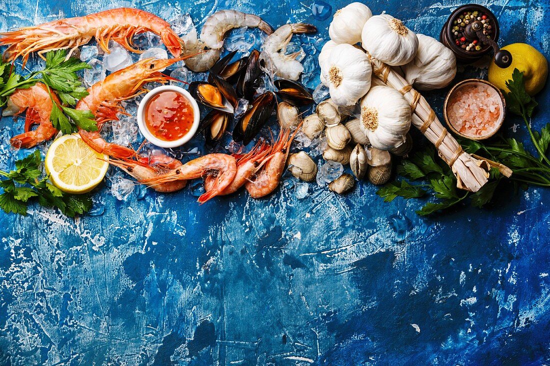 Fresh raw Prawns, Clams, Mussels, Vongole, Shrimps and Ingredients