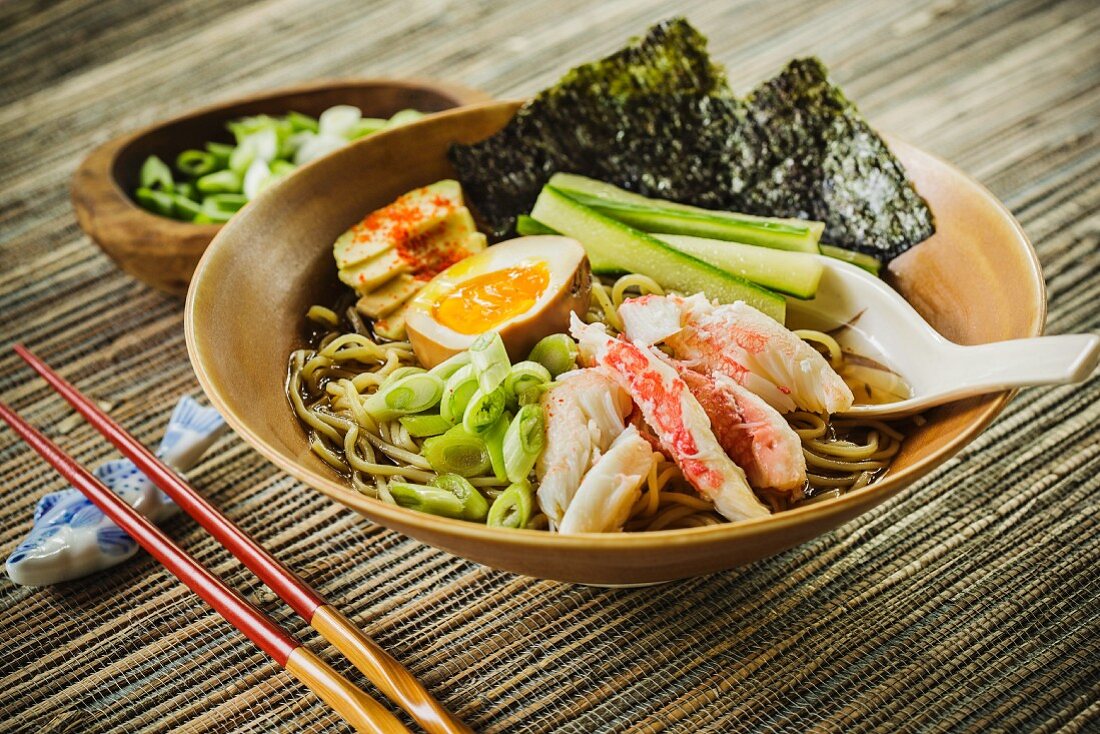 Japanese California ramen soup with seafood
