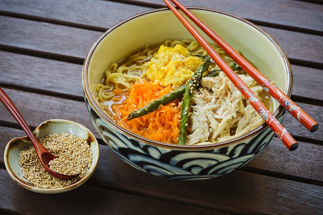 Japanese ramen soup with chicken and ginger