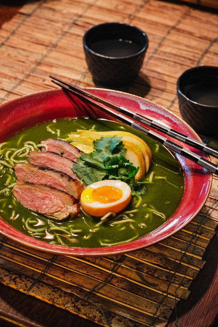 Japanese kamo matcha ramen soup with duck breast