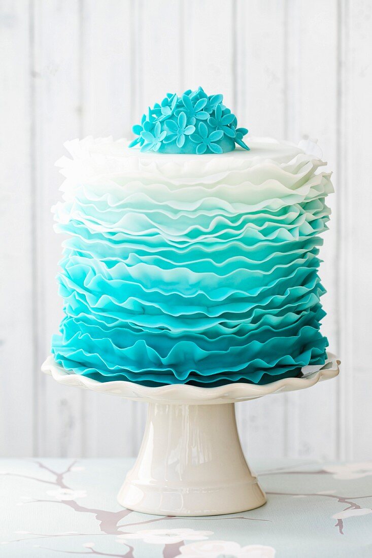 Ombre ruffle cake in shades of blue