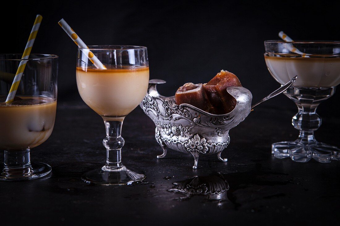 Iced coffee with coconut milk and coffee ice cubes