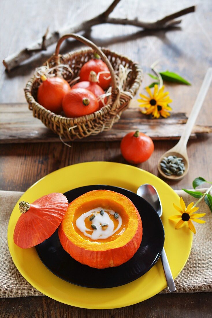 Kürbissuppe im Hokkaido-Kürbis serviert, Korb mit kleinen Kürbissen und Blumen im Hintergrund