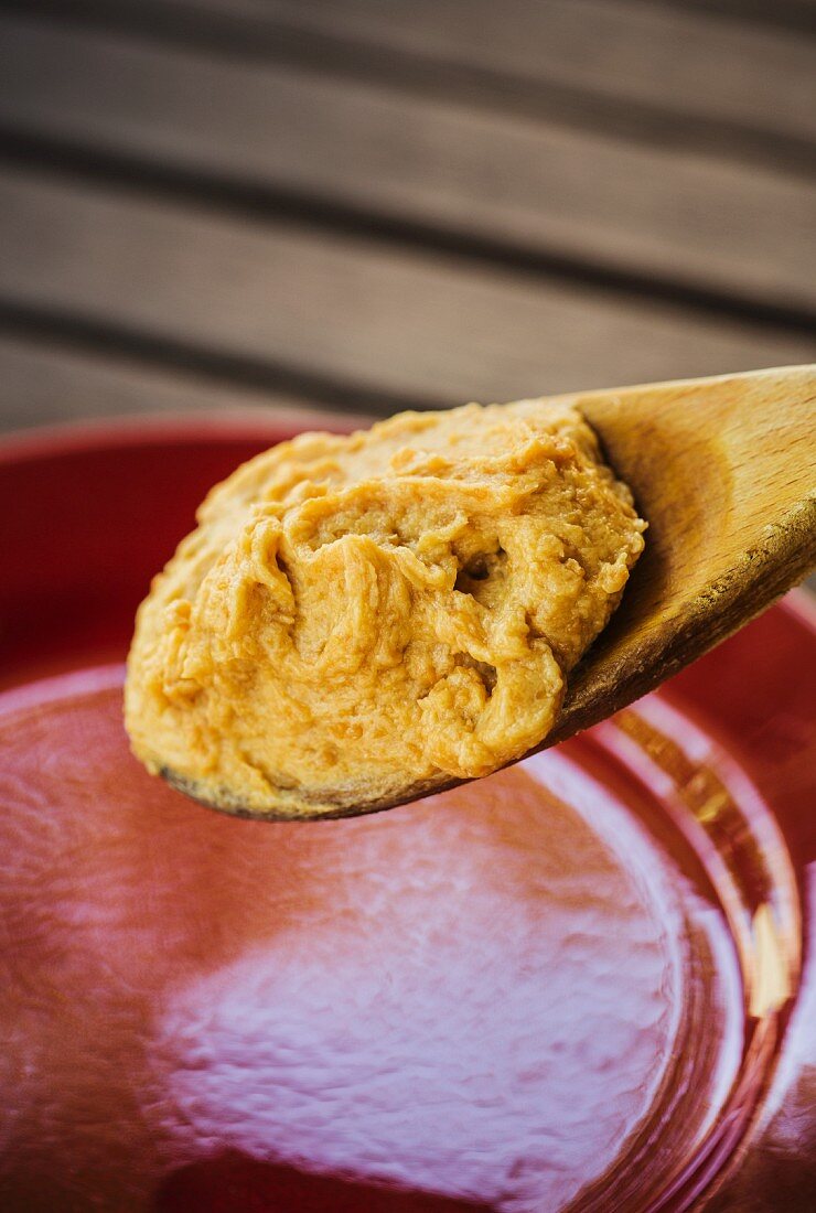 Japanese miso butter on a wooden spoon